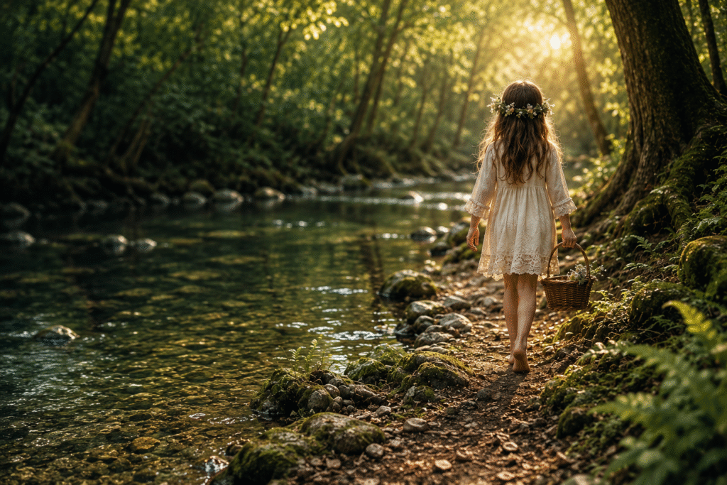 A child exploring a sunlit forest creek