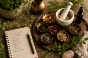 Ayurvedic consultation workspace with medicinal herbs, mortar and pestle, brass vessels, and a handwritten Dinacharya journal representing daily wellness practices.